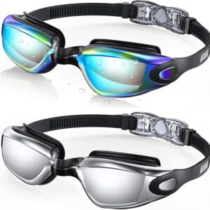 Aegend Swim Goggles 2-Pack, No Leaking Anti-Fog UV Protection Mirrored Swim Glasses for Adult Men Women