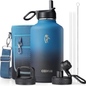 Coolflask 64 oz Insulated Stainless Steel Water Bottle with Straw & 3 Lids – Samurai Cyan