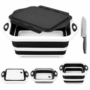 Noor Lives – Collapsible BBQ Prep Tub with Lid – Foldable Camping Sink & Cutting Board - Black