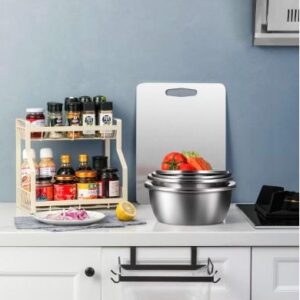 2-Tier Bamboo Kitchen Countertop Organizer Rack with spice jars and cutting board
